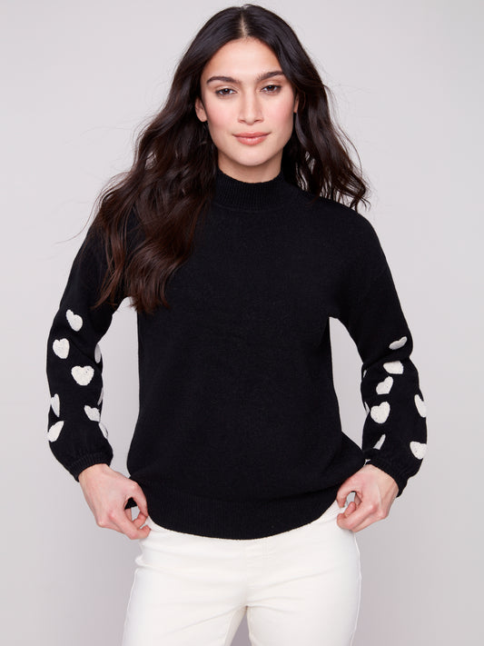 Mock Neck Sweater With Embroidered Hearts - Black