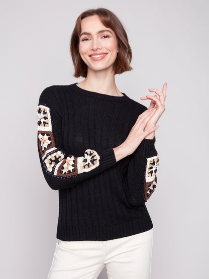 Black Knit Sweater with Embroidery