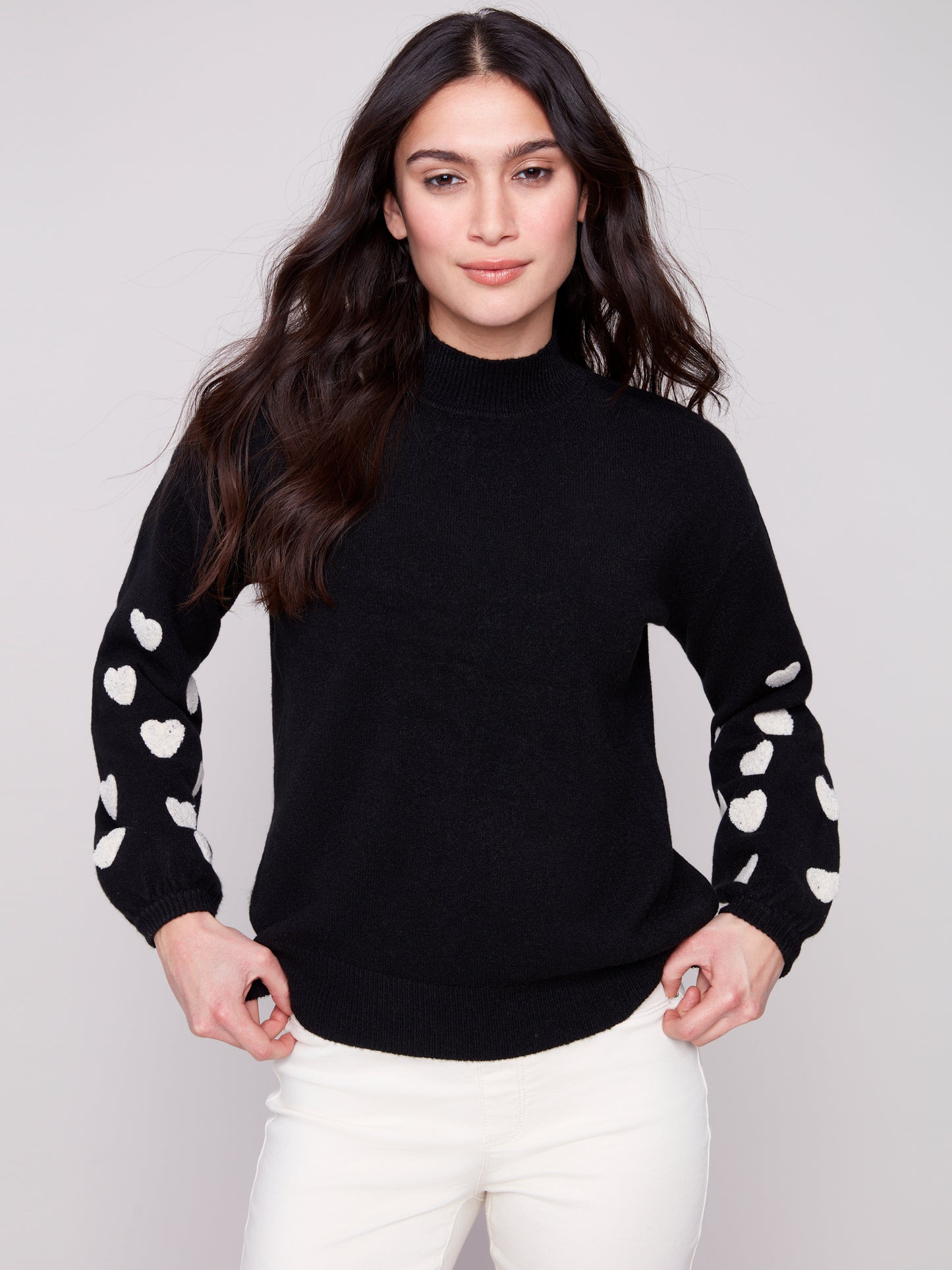 Mock Neck Sweater With Embroidered Hearts - Black