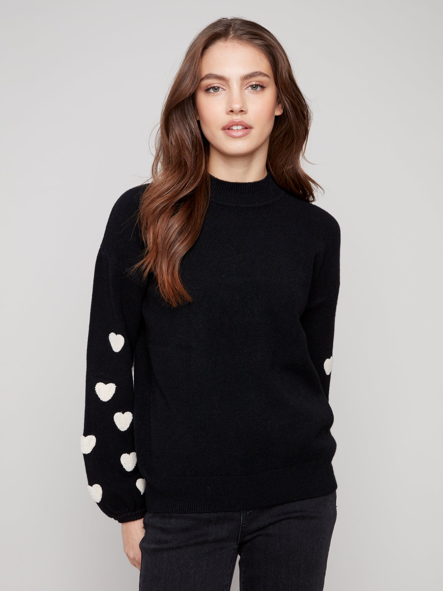 Mock Neck Sweater With Embroidered Hearts - Black