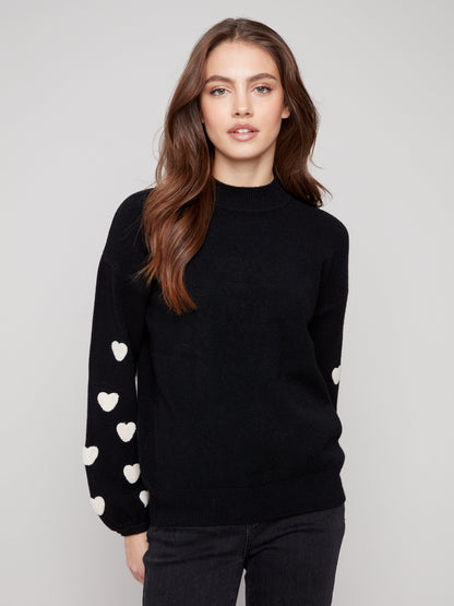 Mock Neck Sweater With Embroidered Hearts - Black