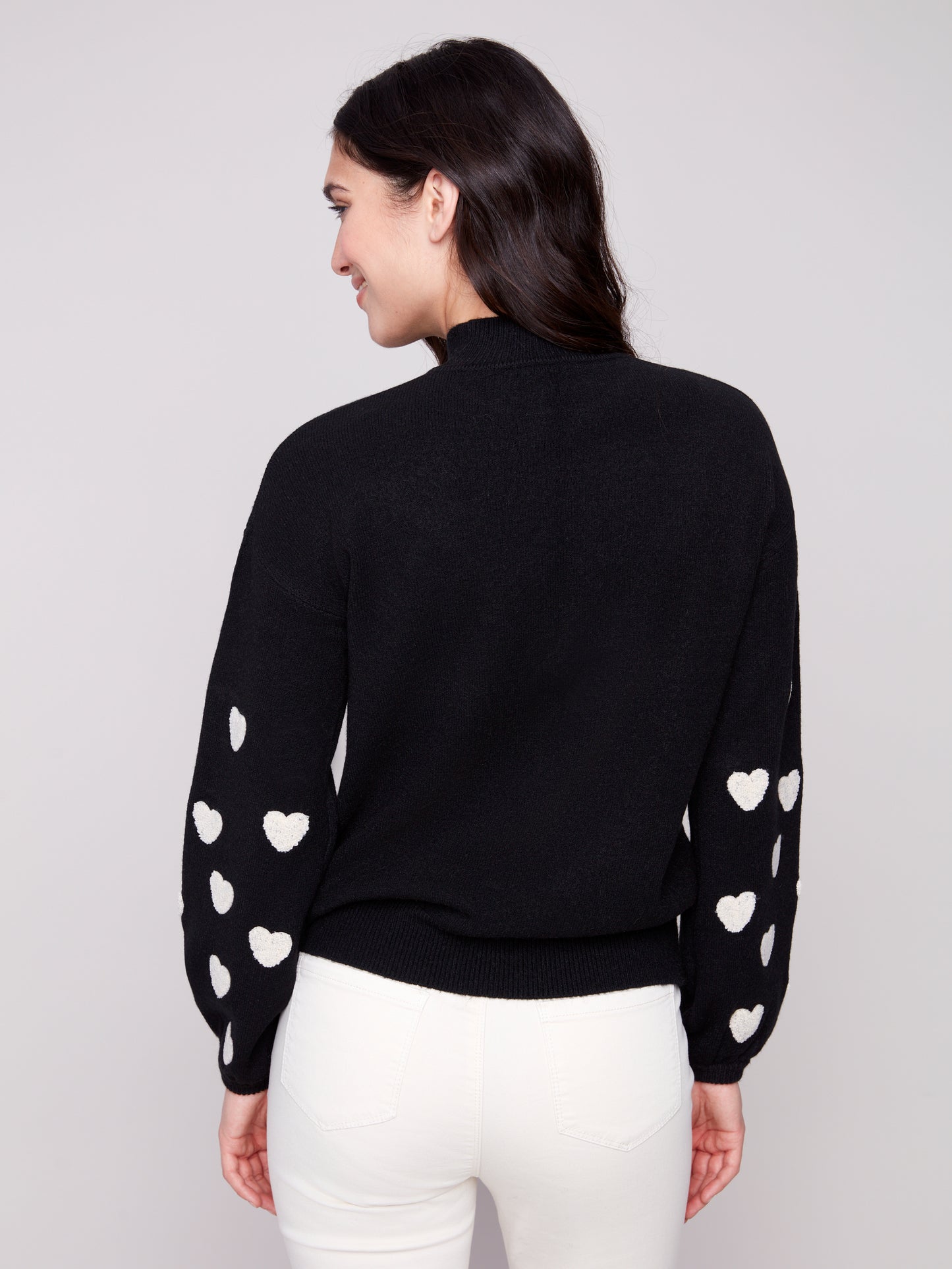 Mock Neck Sweater With Embroidered Hearts - Black