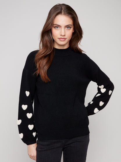 Mock Neck Sweater With Embroidered Hearts - Black