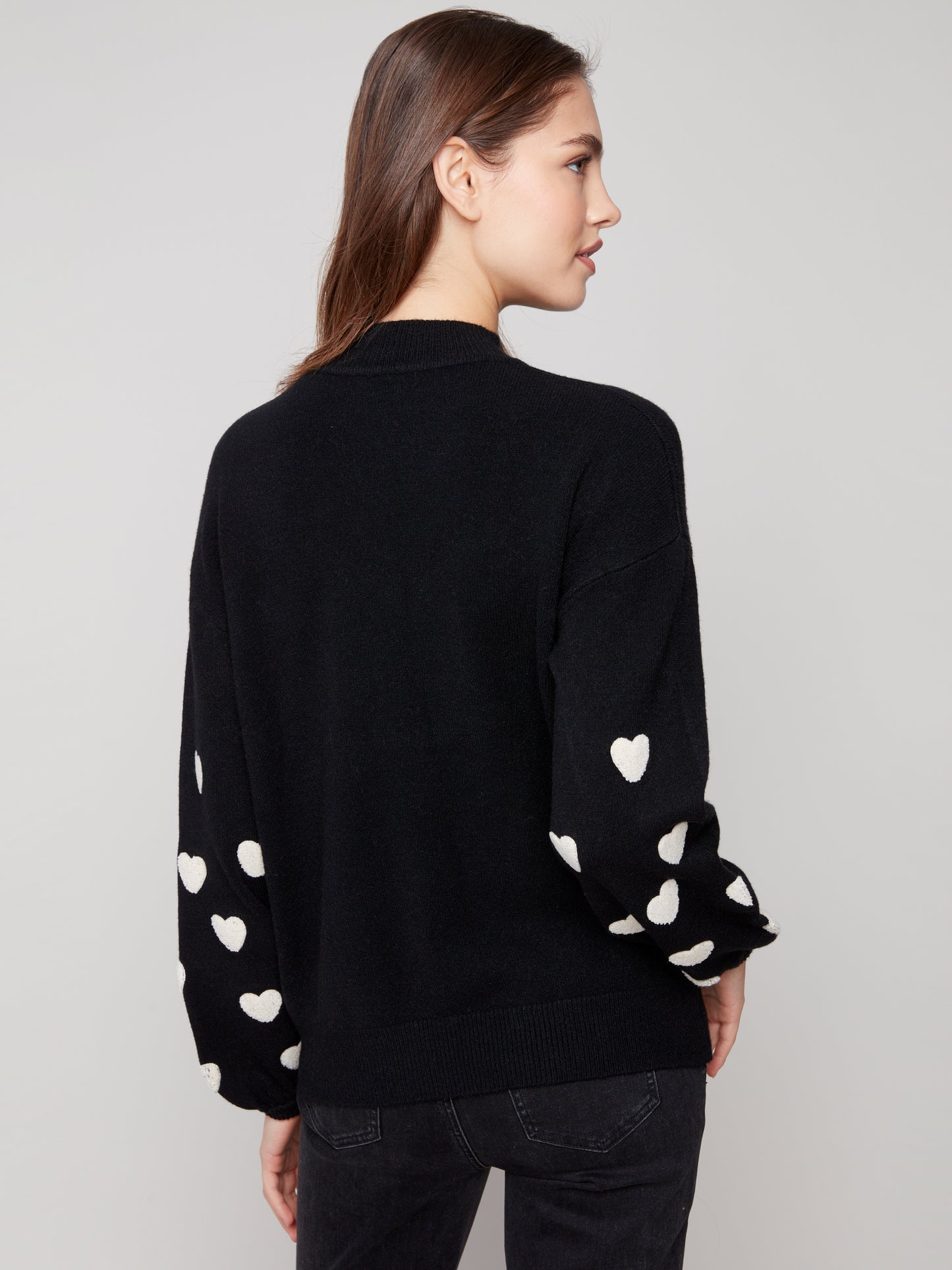 Mock Neck Sweater With Embroidered Hearts - Black