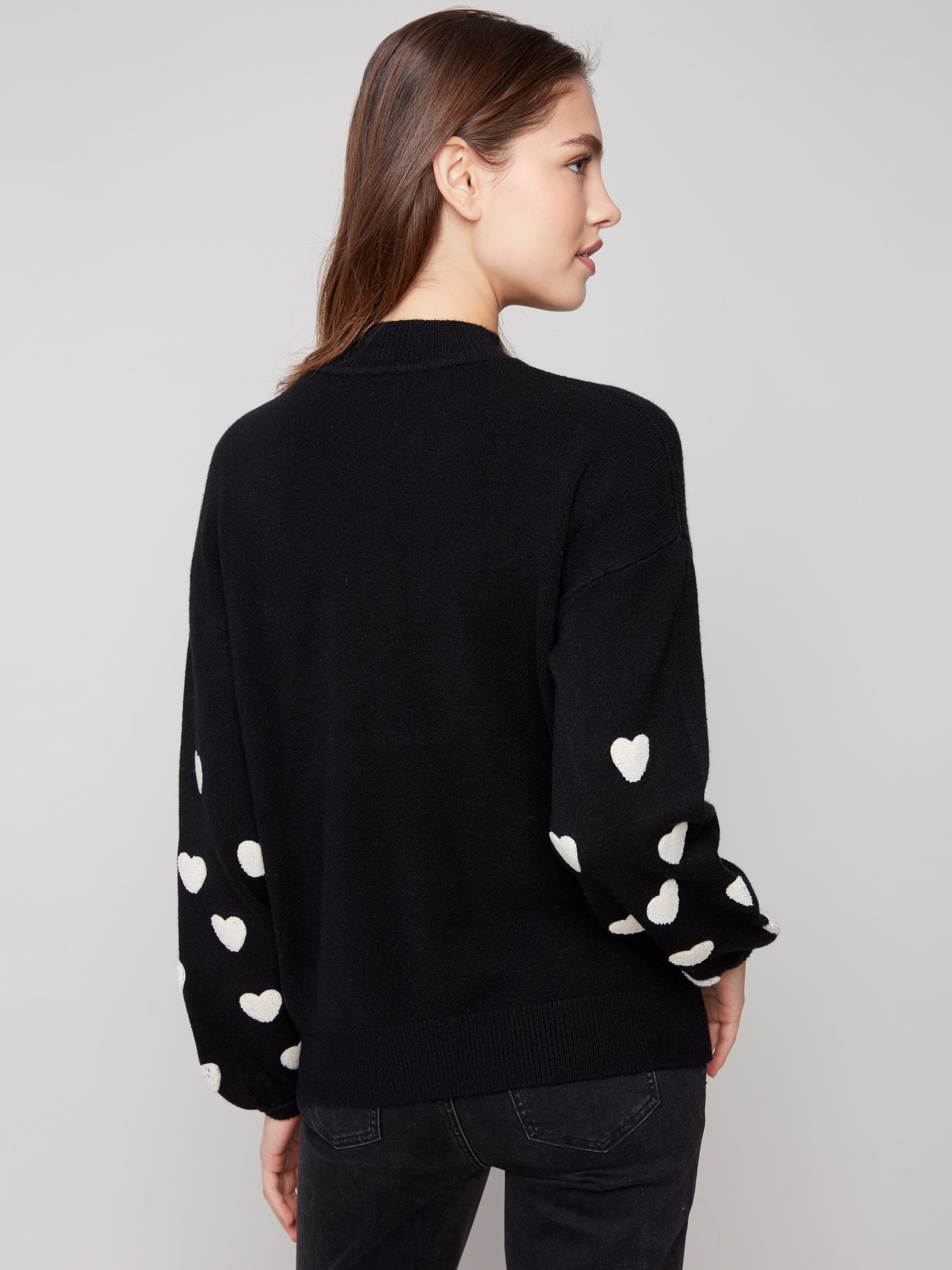 Mock Neck Sweater With Embroidered Hearts - Black