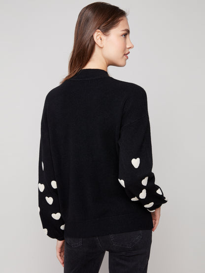 Mock Neck Sweater With Embroidered Hearts - Black
