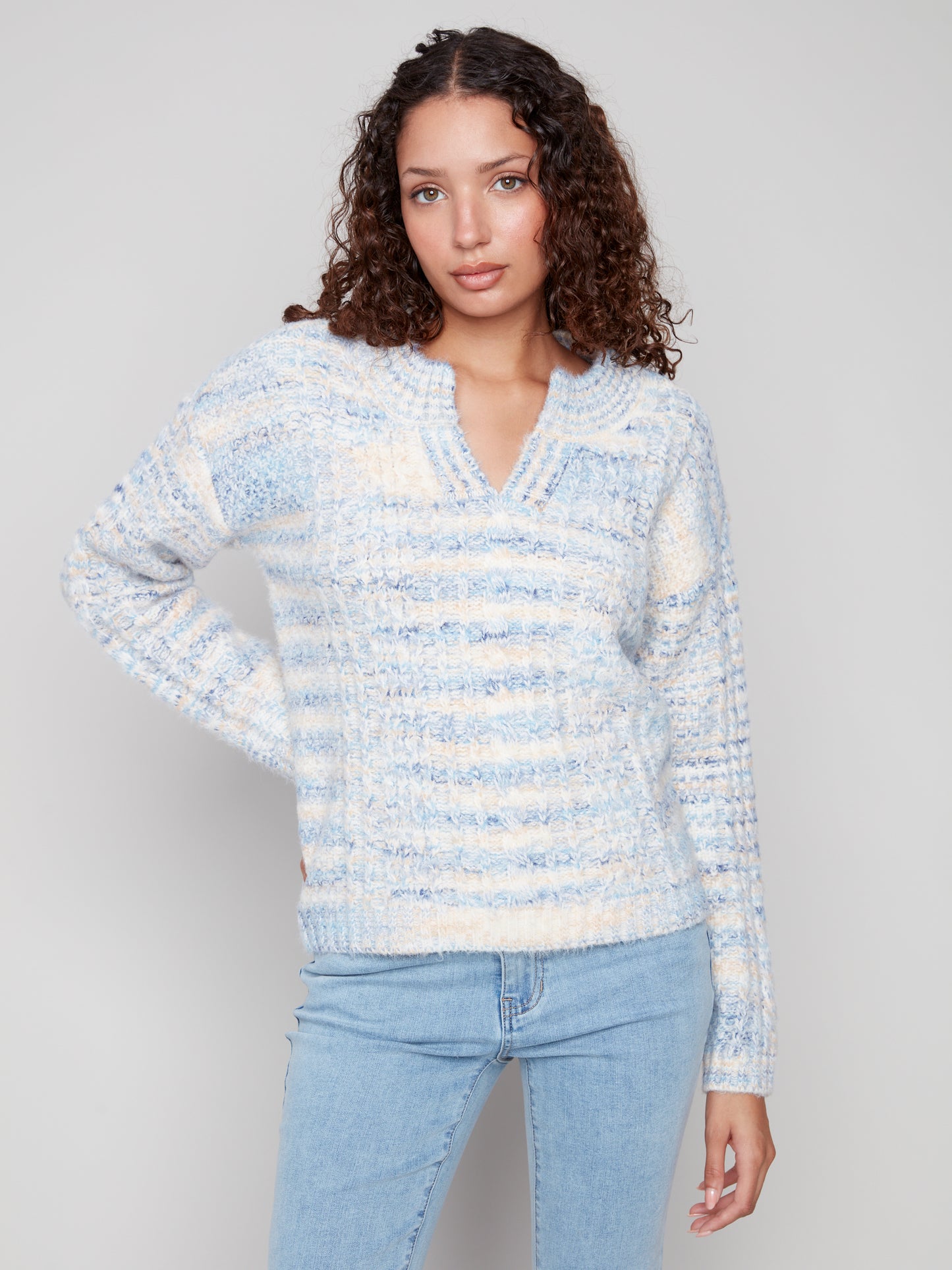 Notch Neck Cable Knit Sweater - Denim