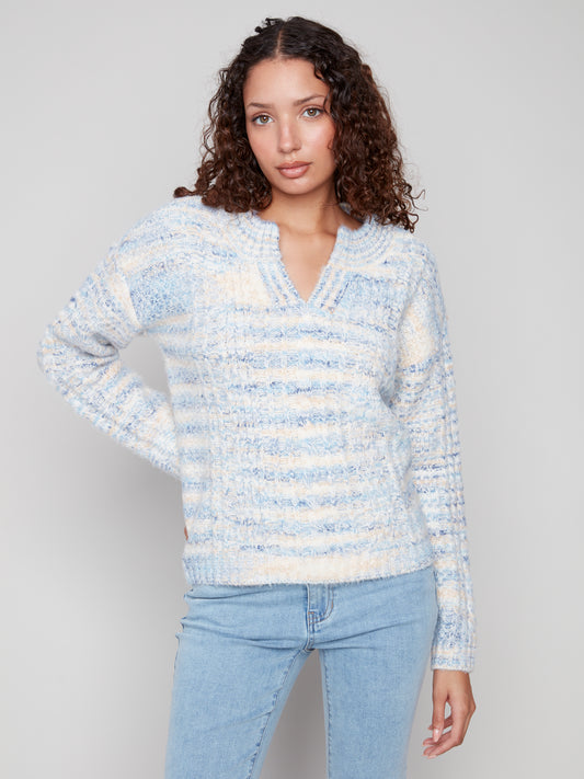Notch Neck Cable Knit Sweater - Denim