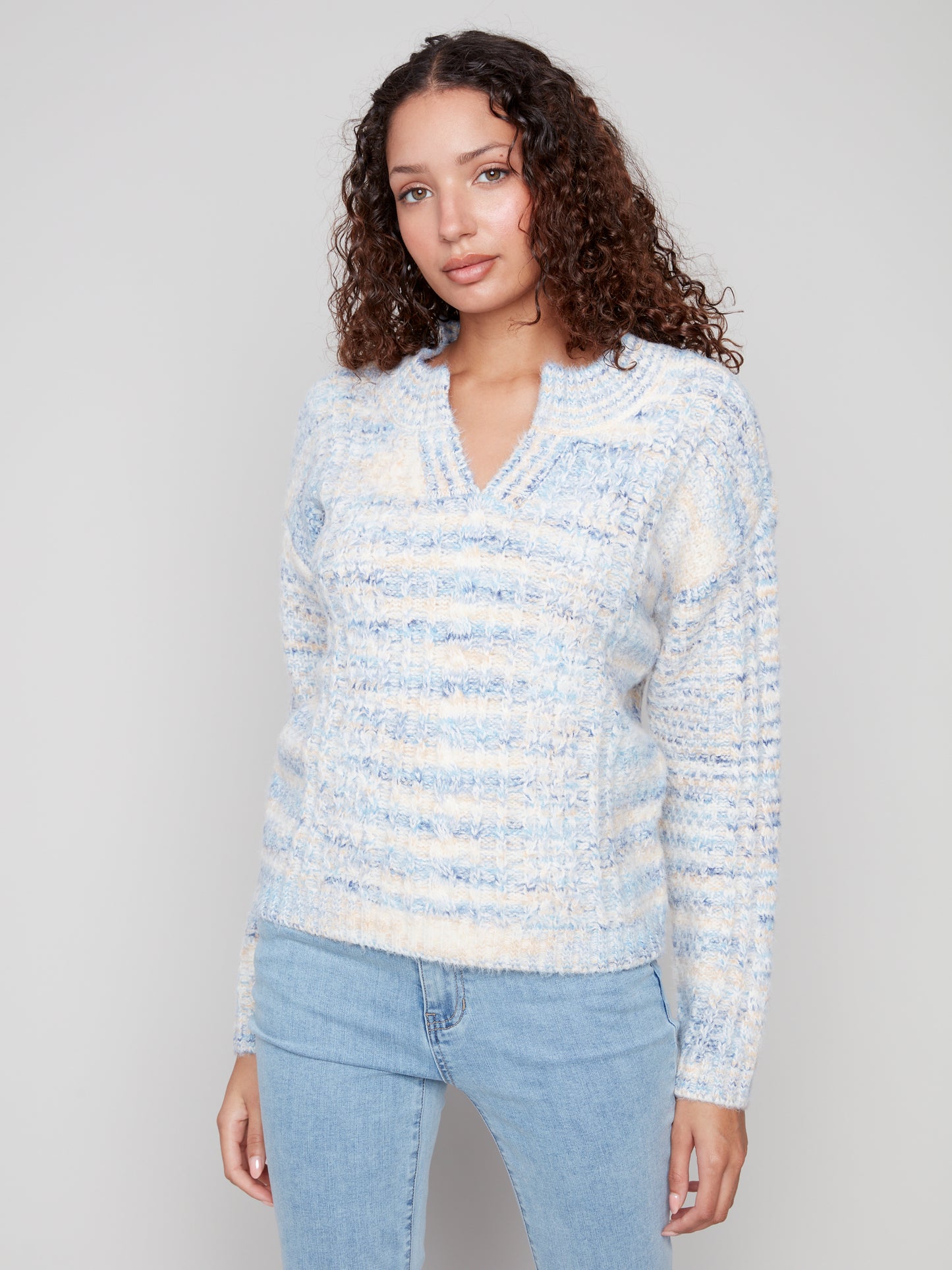 Notch Neck Cable Knit Sweater - Denim