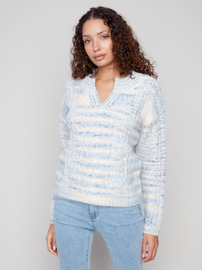 Notch Neck Cable Knit Sweater - Denim
