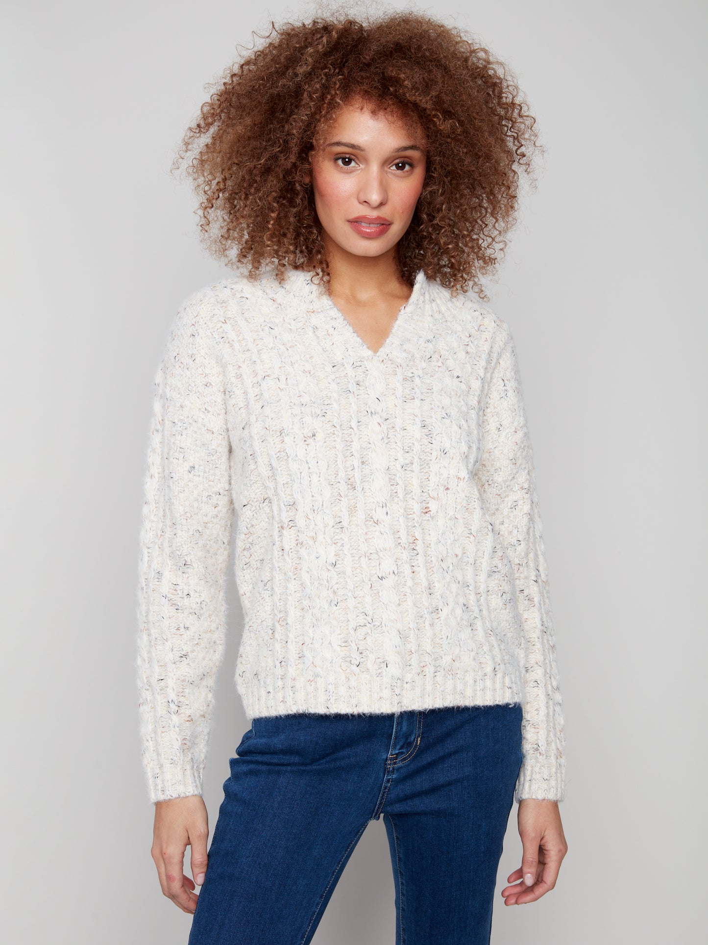 Notch Neck Cable Knit Sweater - Ecru