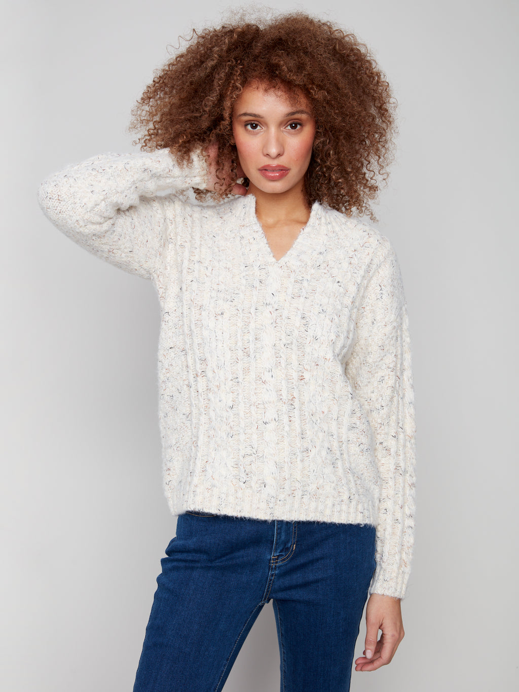 Notch Neck Cable Knit Sweater - Ecru