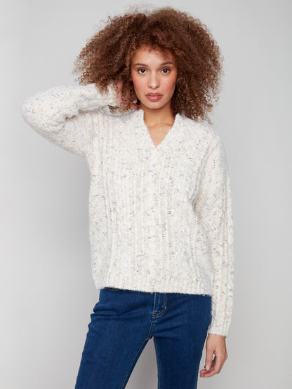 Notch Neck Cable Knit Sweater - Ecru