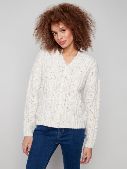 Notch Neck Cable Knit Sweater - Ecru