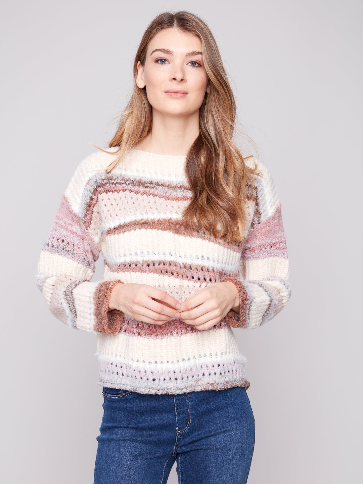 Patchwork Knit Drop Shoulder Sweater - Fig
