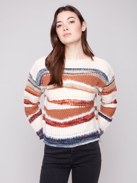 Patchwork Knit Drop Shoulder Sweater - Sepia