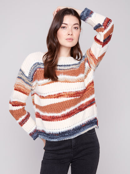 Patchwork Knit Drop Shoulder Sweater - Sepia