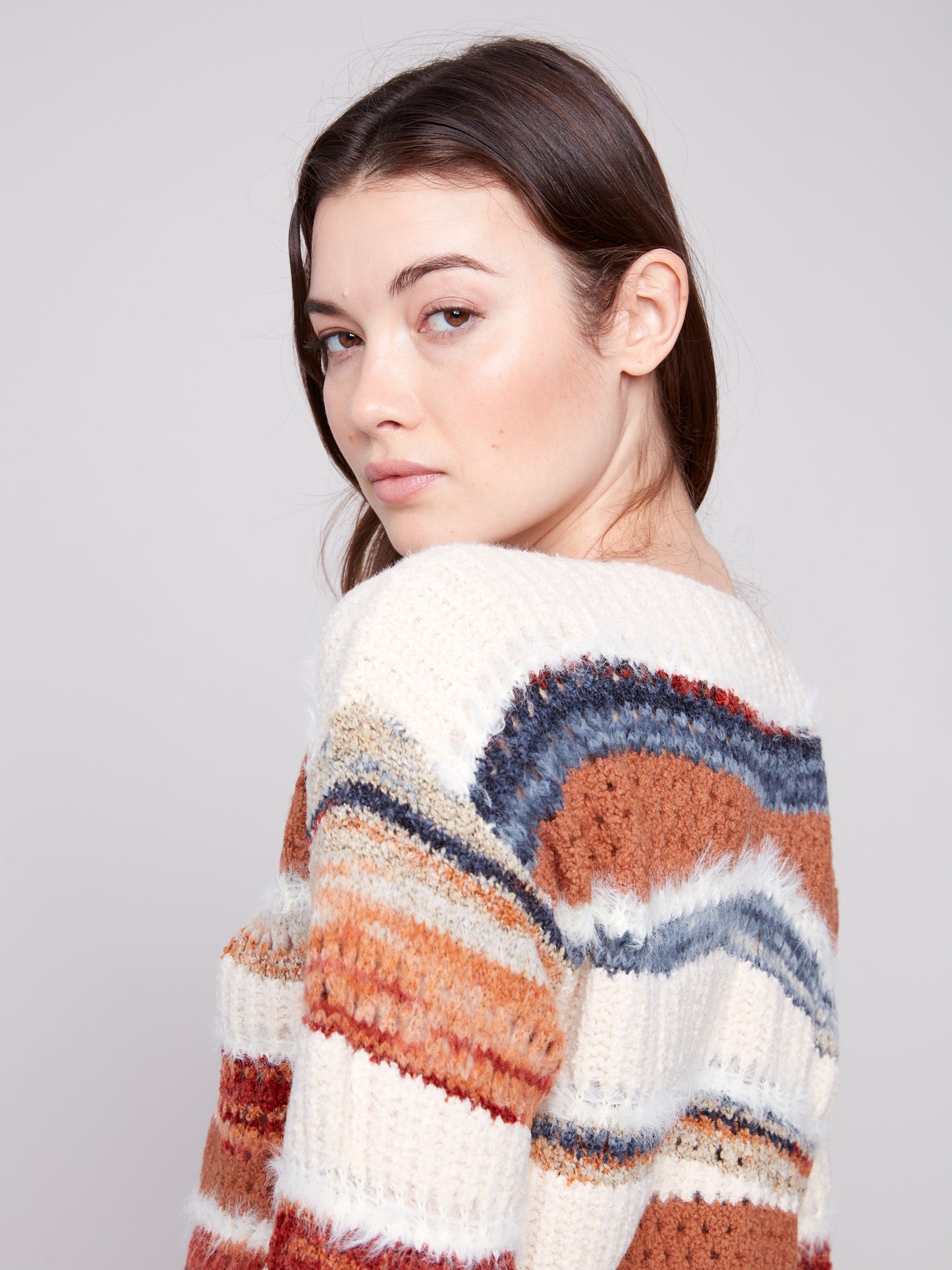 Patchwork Knit Drop Shoulder Sweater - Sepia