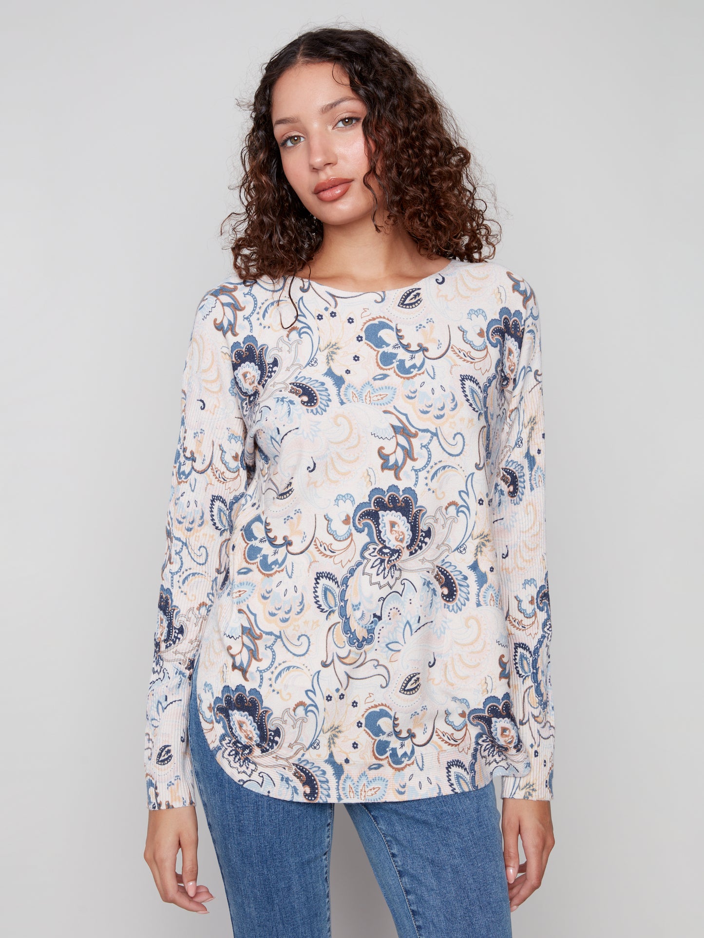 Printed Rounded Hem Sweater - Blush