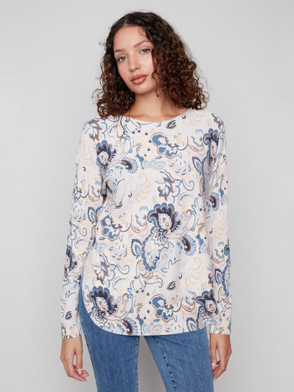 Printed Rounded Hem Sweater - Blush