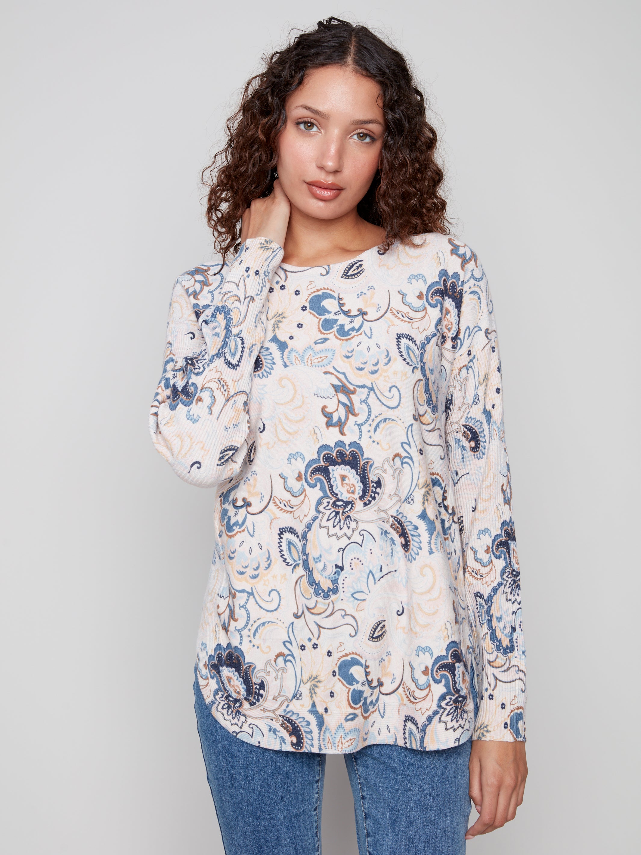 Printed Rounded Hem Sweater - Blush