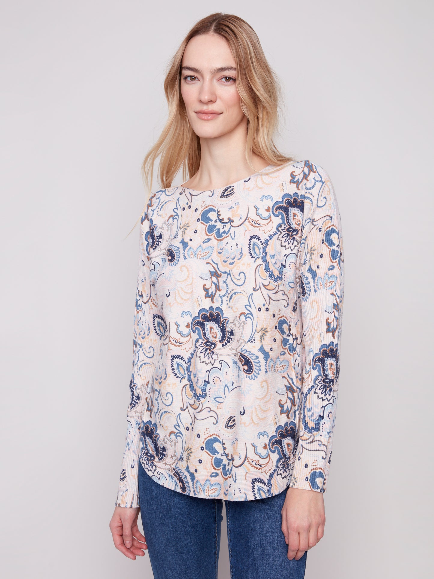 Printed Rounded Hem Sweater - Blush