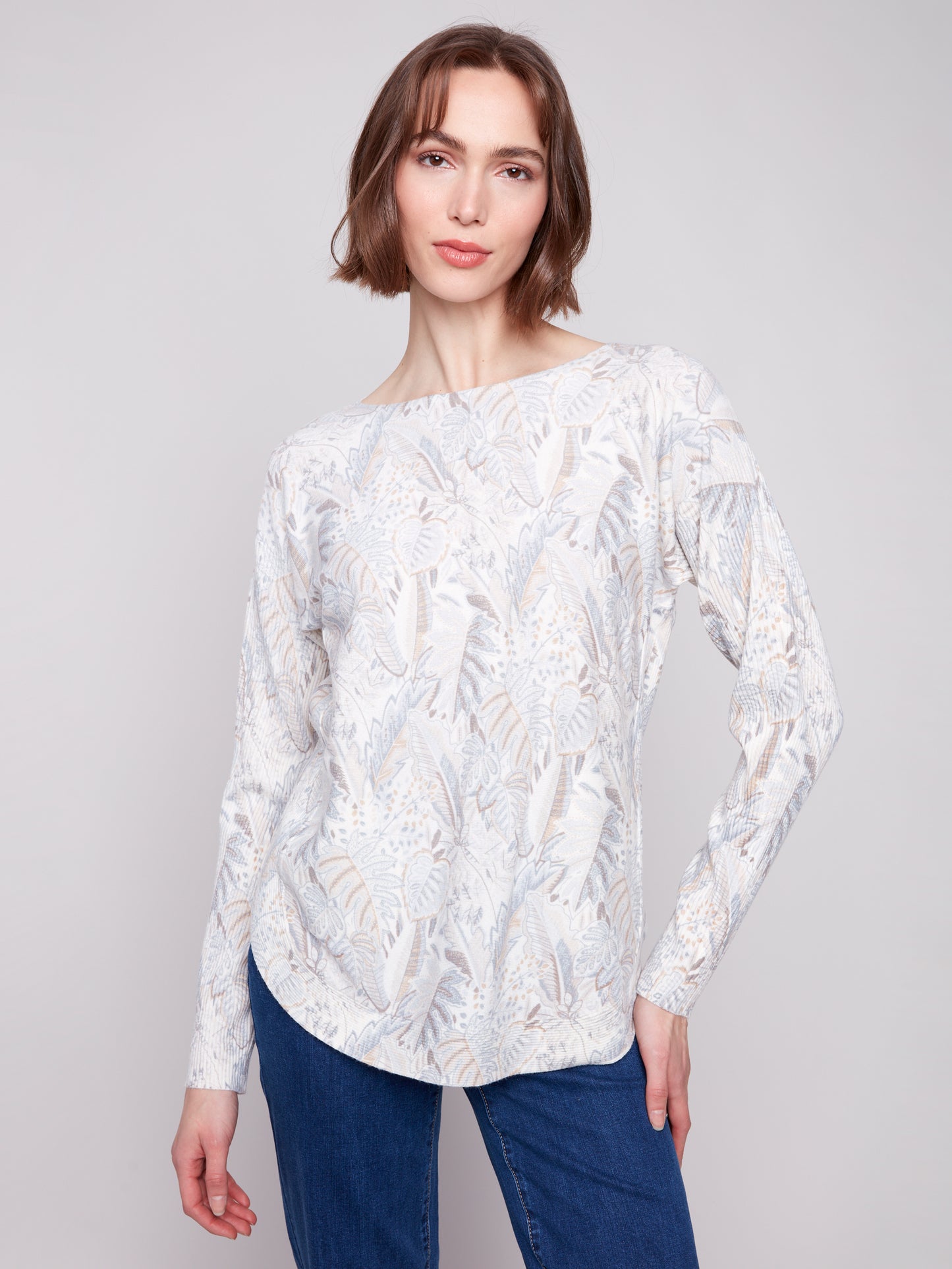 Printed Rounded Hem Sweater - Foliage