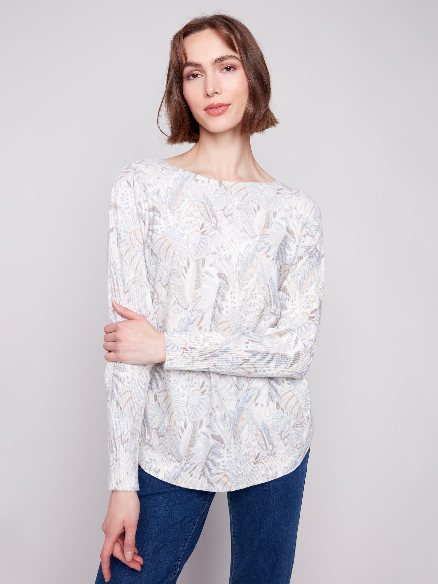 Printed Rounded Hem Sweater - Foliage