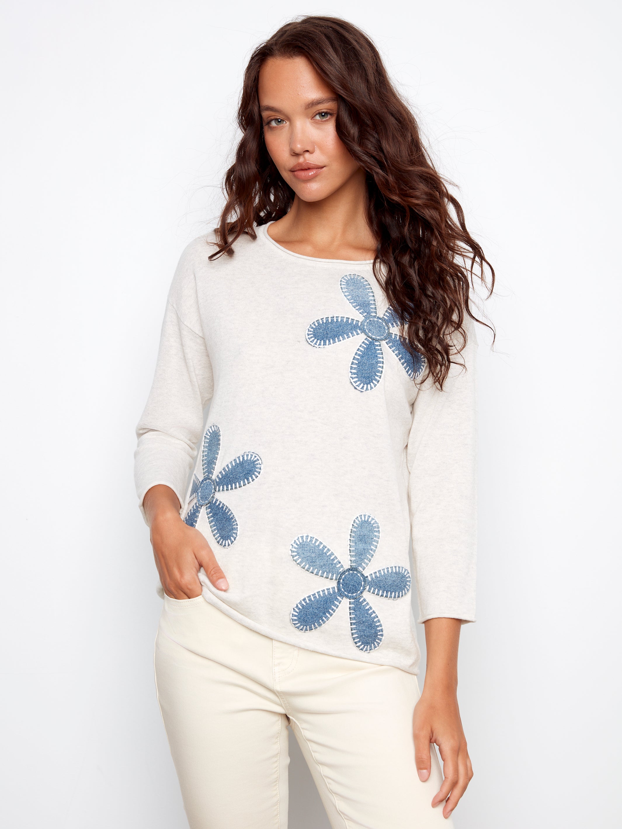 Floral Denim Patch Sweater - Heather Oat