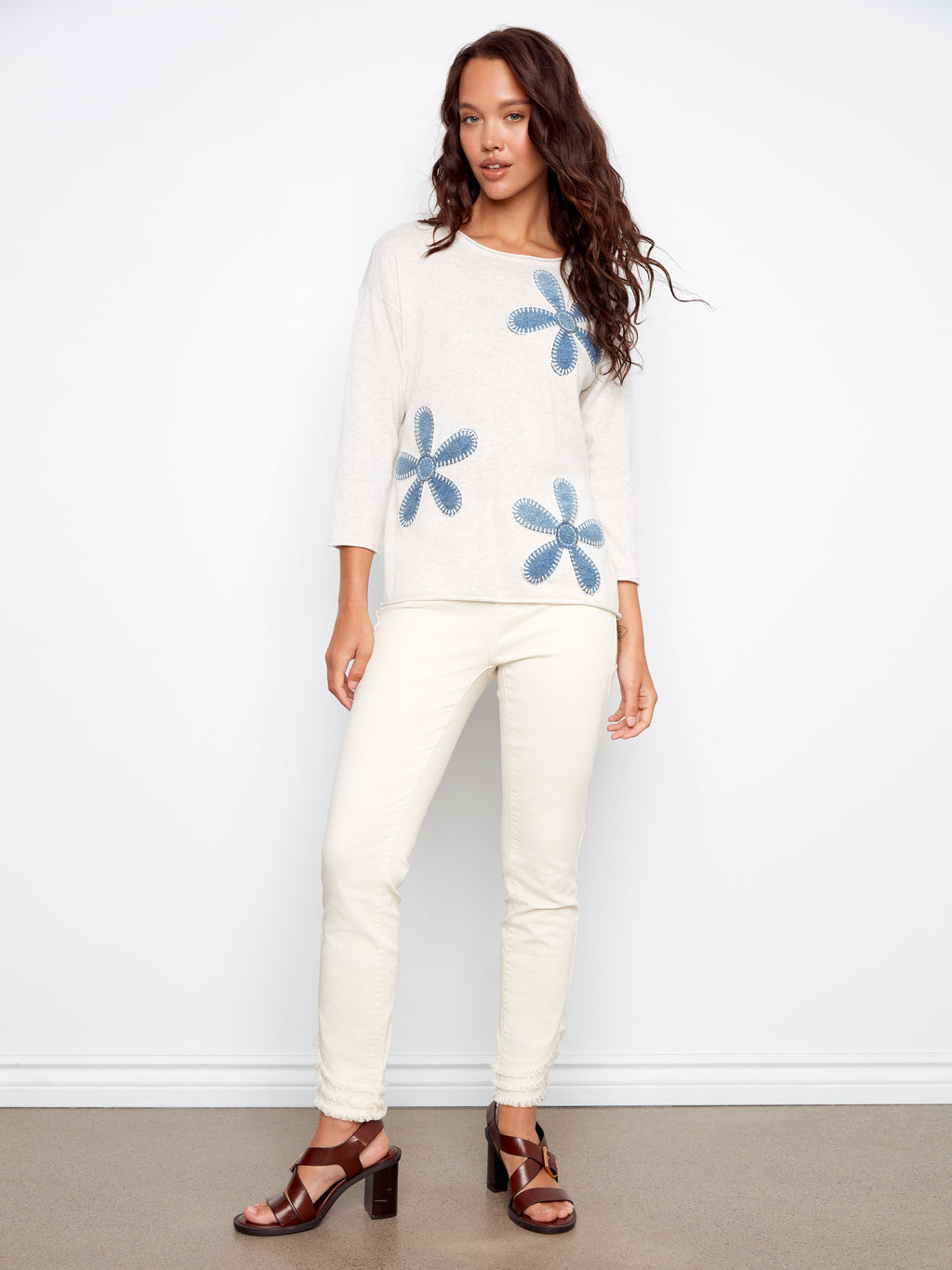 Floral Denim Patch Sweater - Heather Oat