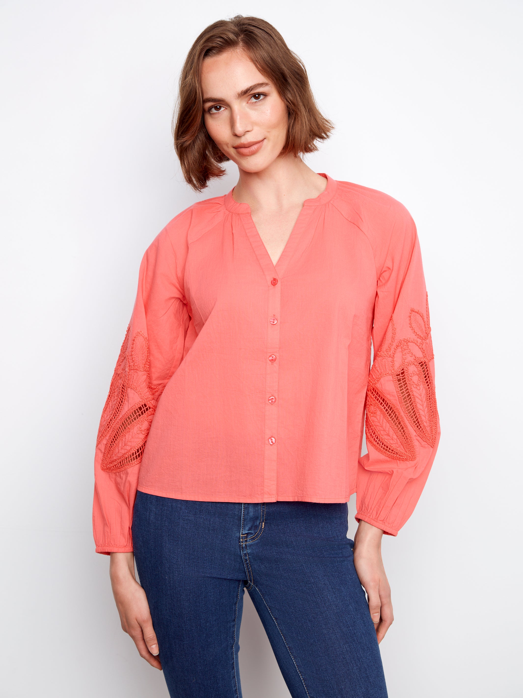 Cotton Button-Front Embroidered Blouse - Sorbet