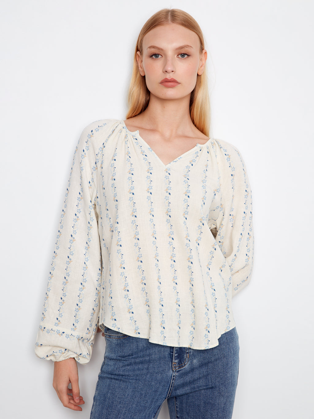 Printed Linen Blend Raglan Blouse