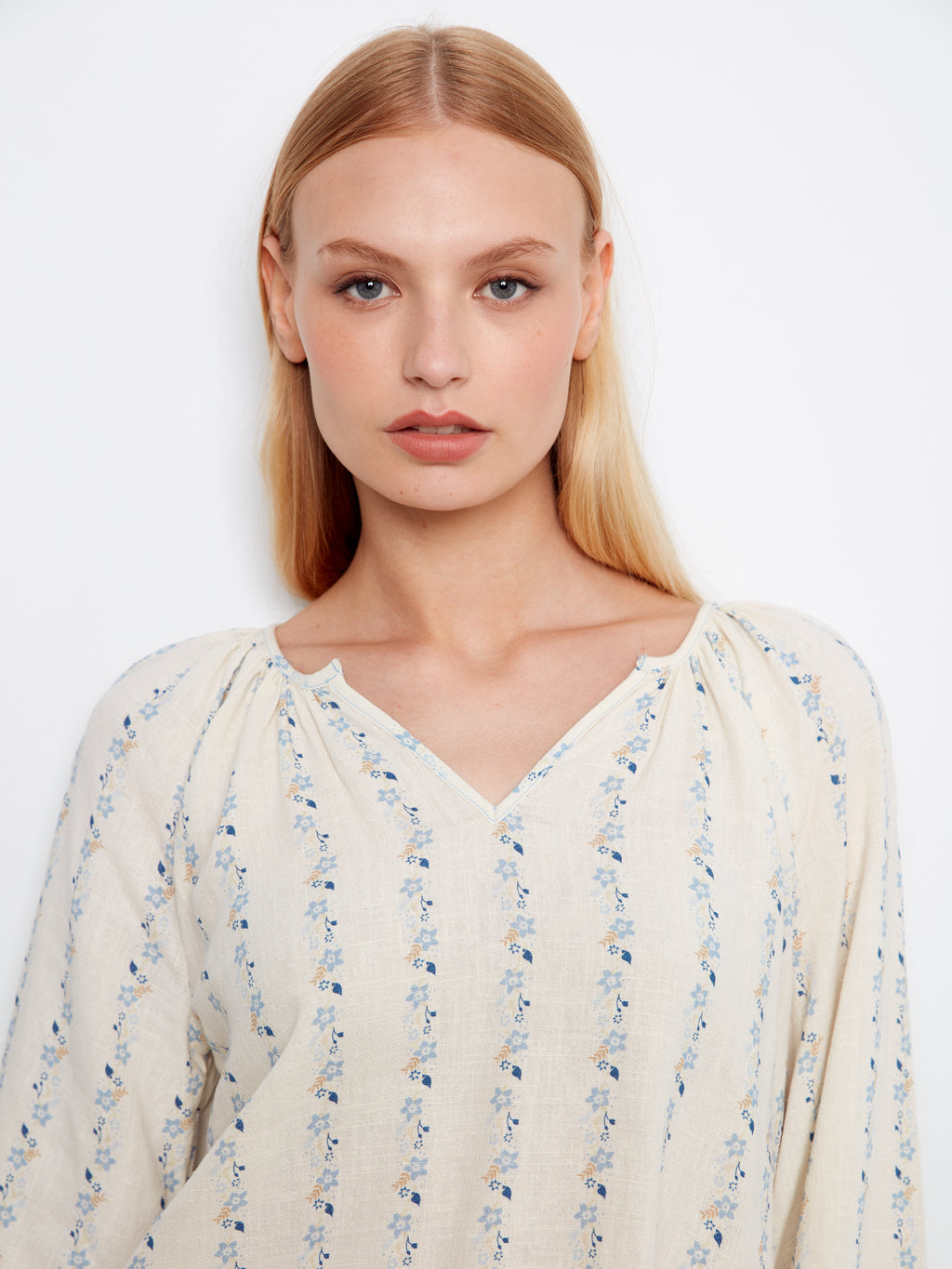 Printed Linen Blend Raglan Blouse