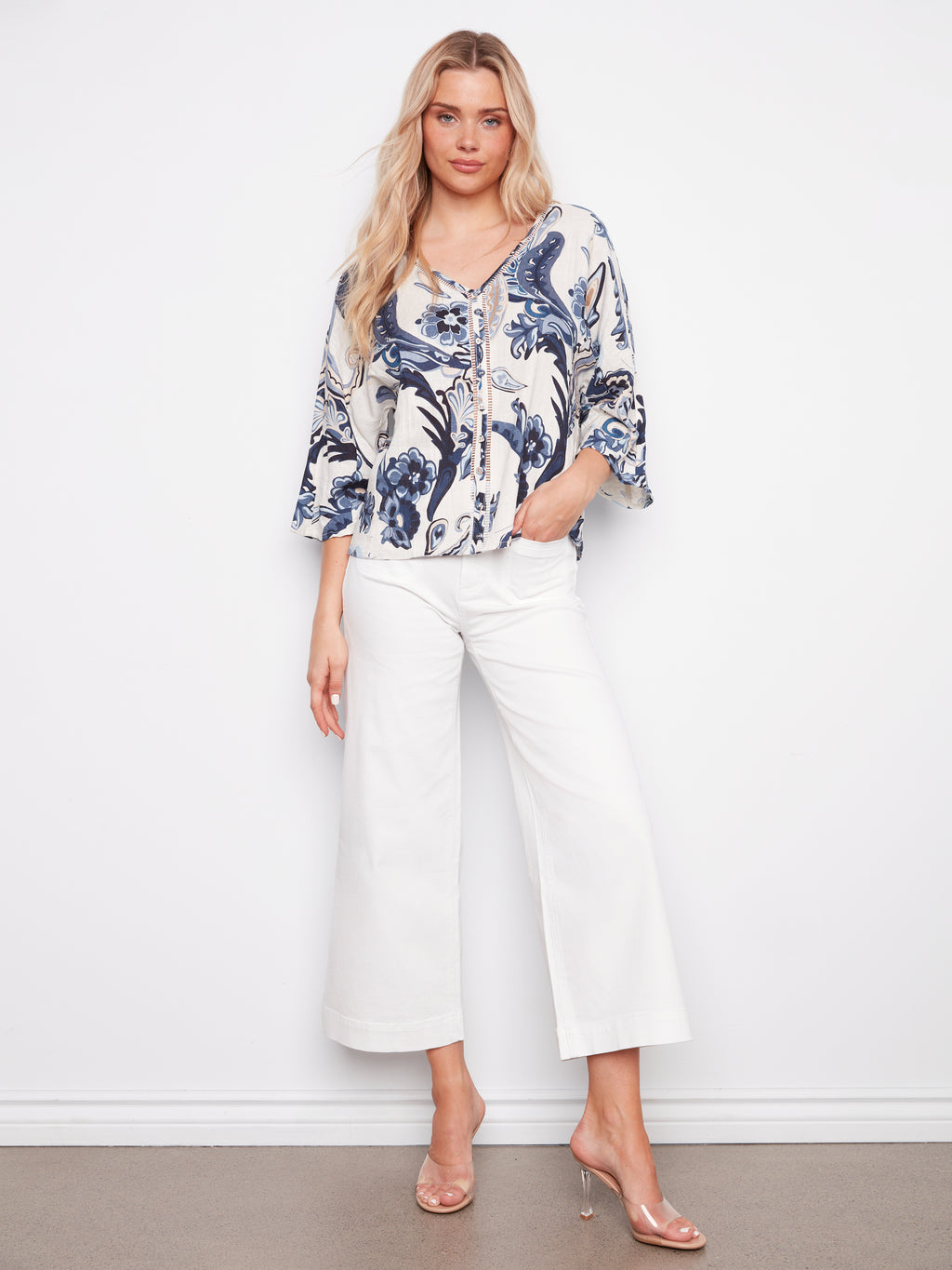 Printed Linen Blend Blouse With Front Button Detail - Paisley