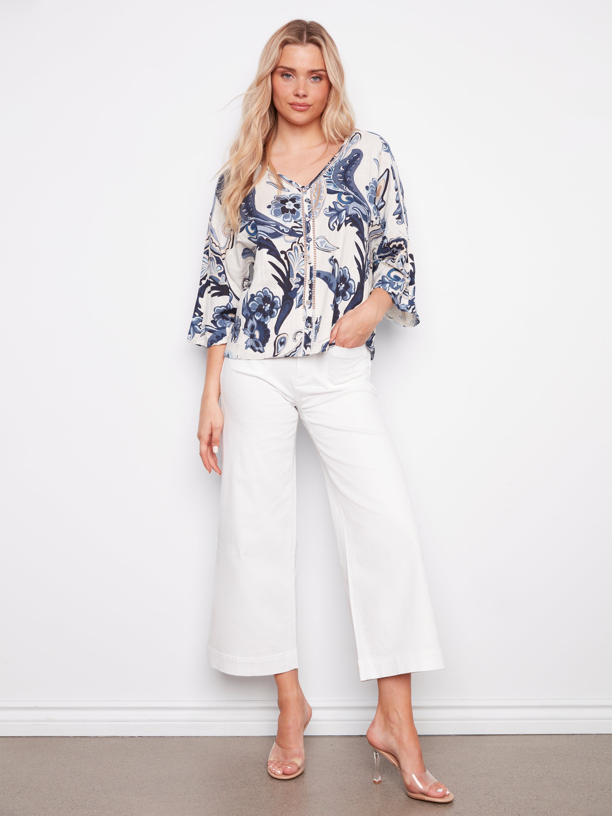 Printed Linen Blend Blouse With Front Button Detail - Paisley