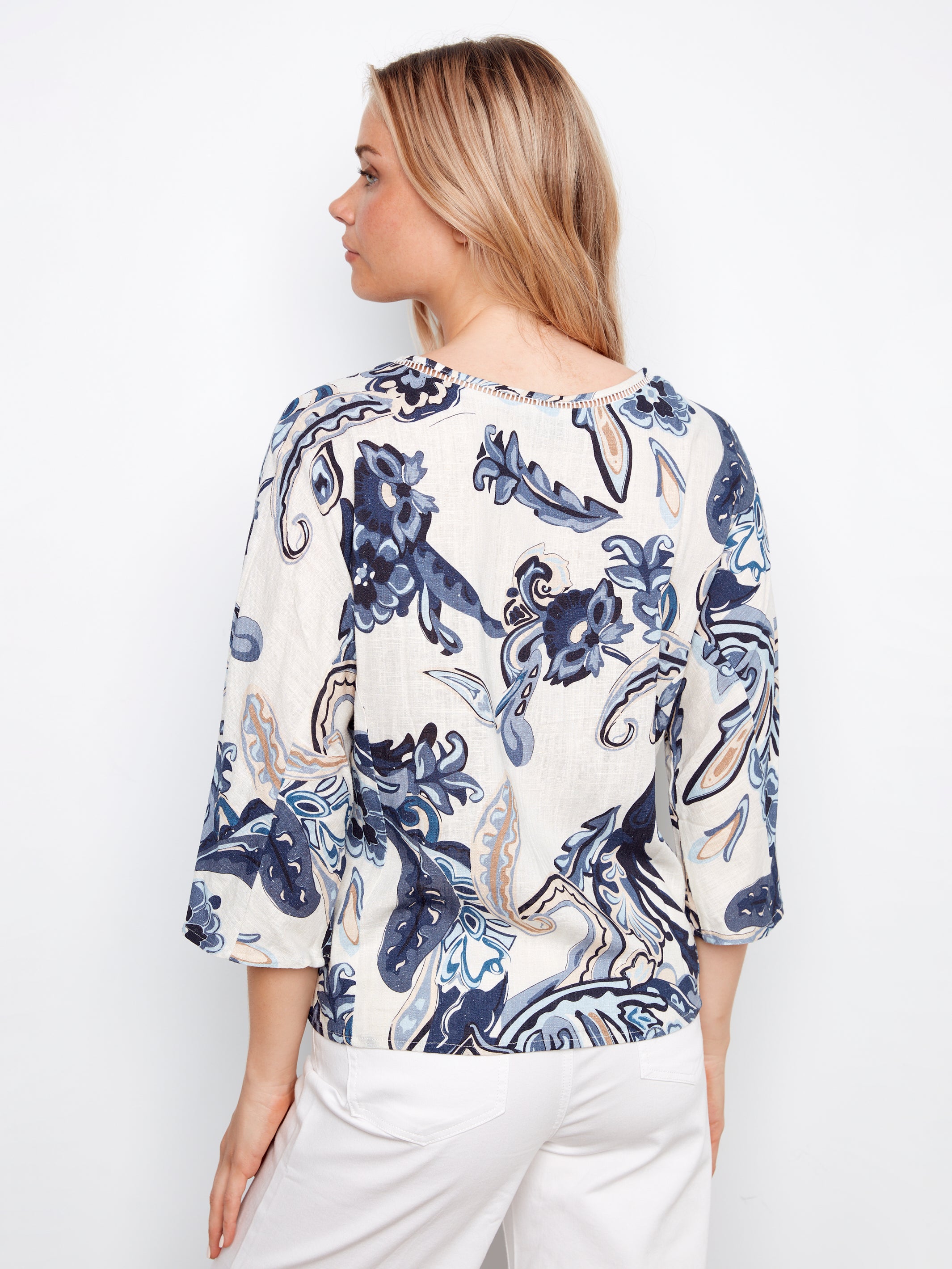Printed Linen Blend Blouse With Front Button Detail - Paisley