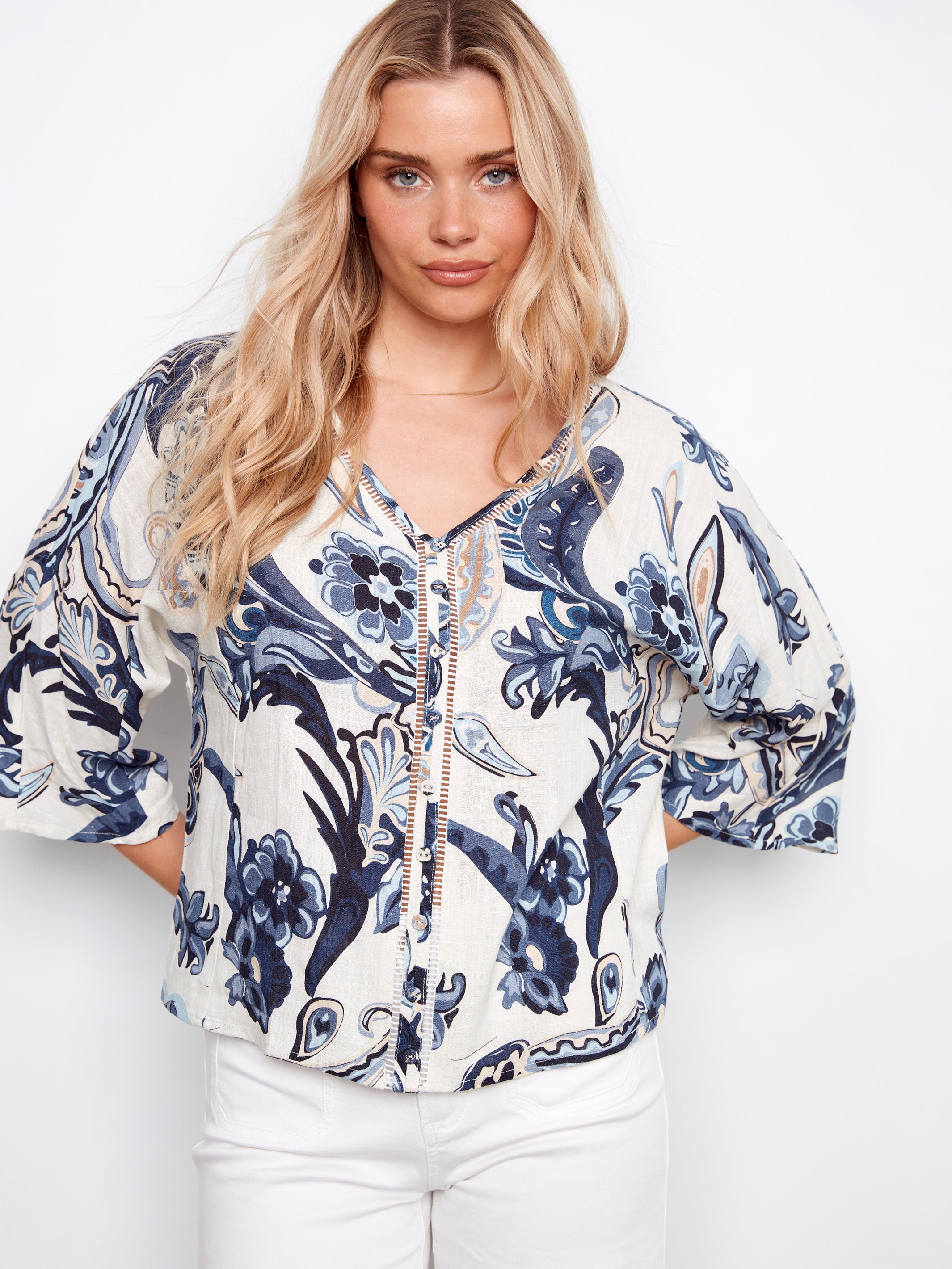 Printed Linen Blend Blouse With Front Button Detail - Paisley
