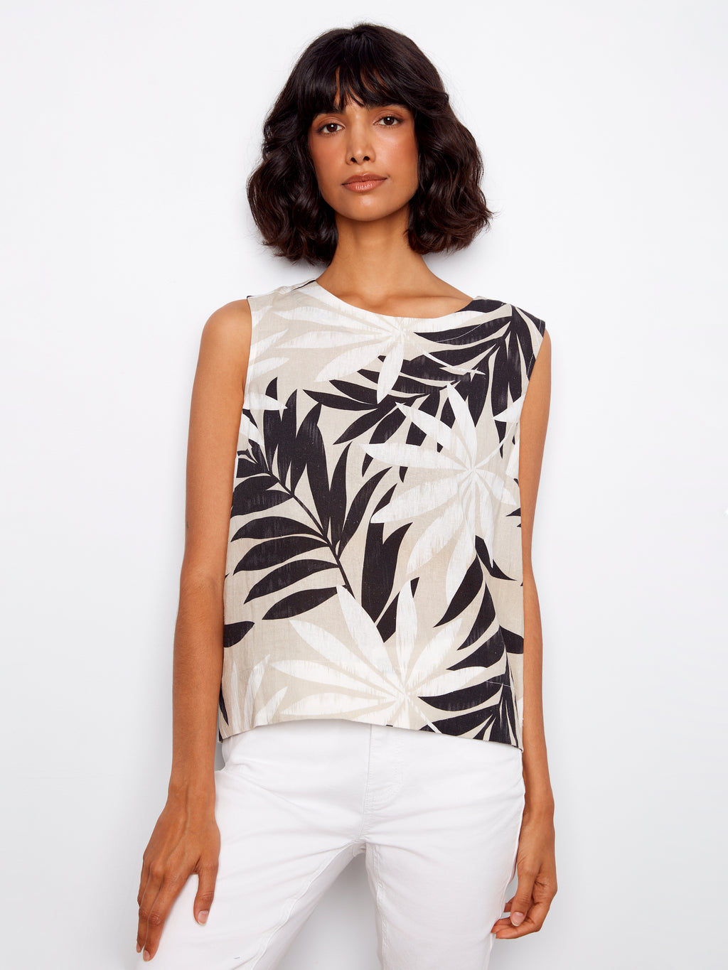 Printed Linen Blend Blouse With Back Button Detail - Leaflet