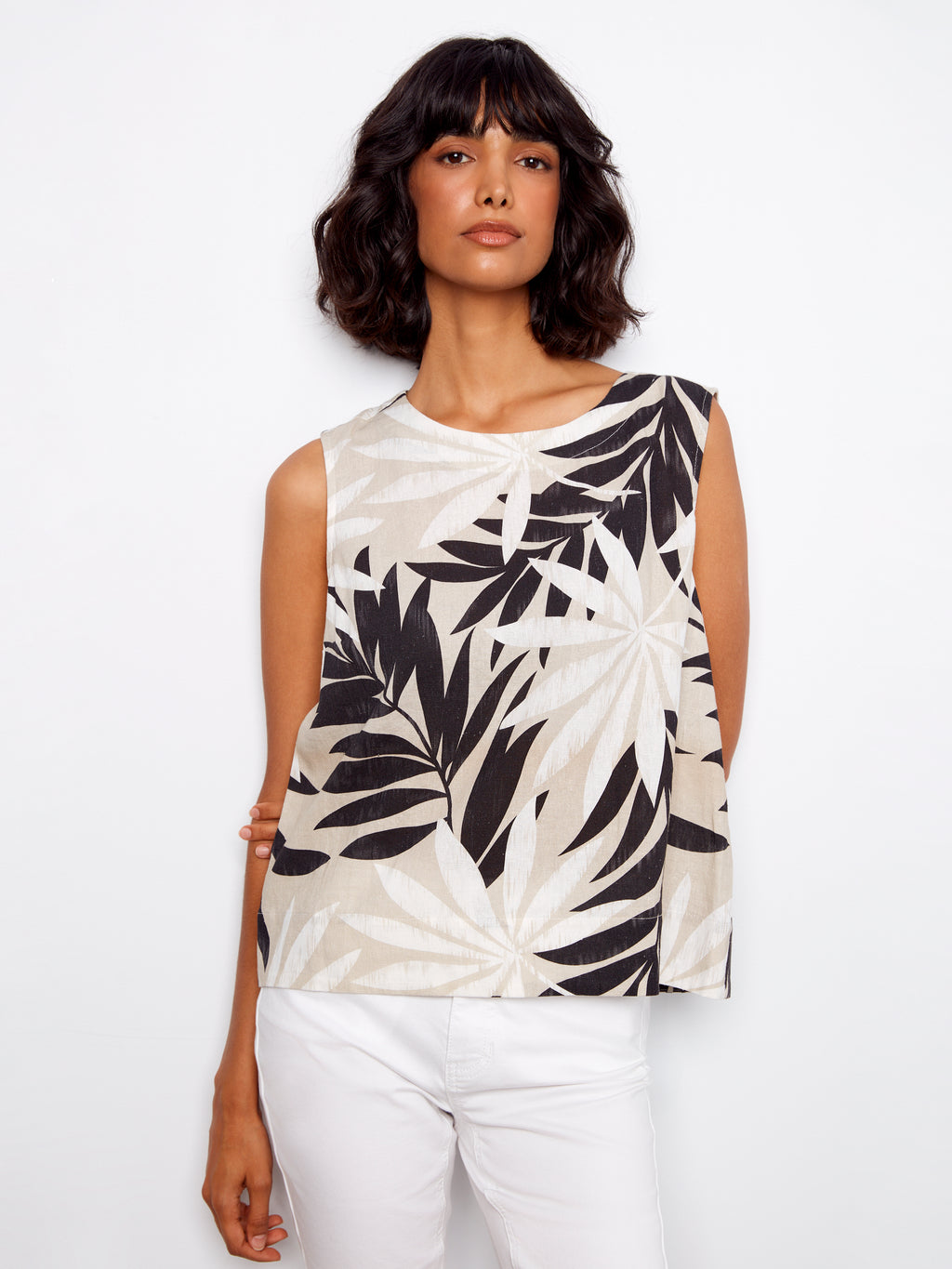 Printed Linen Blend Blouse With Back Button Detail - Leaflet