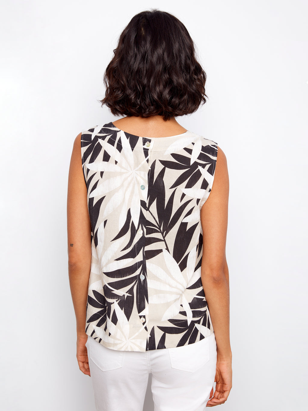 Printed Linen Blend Blouse With Back Button Detail - Leaflet