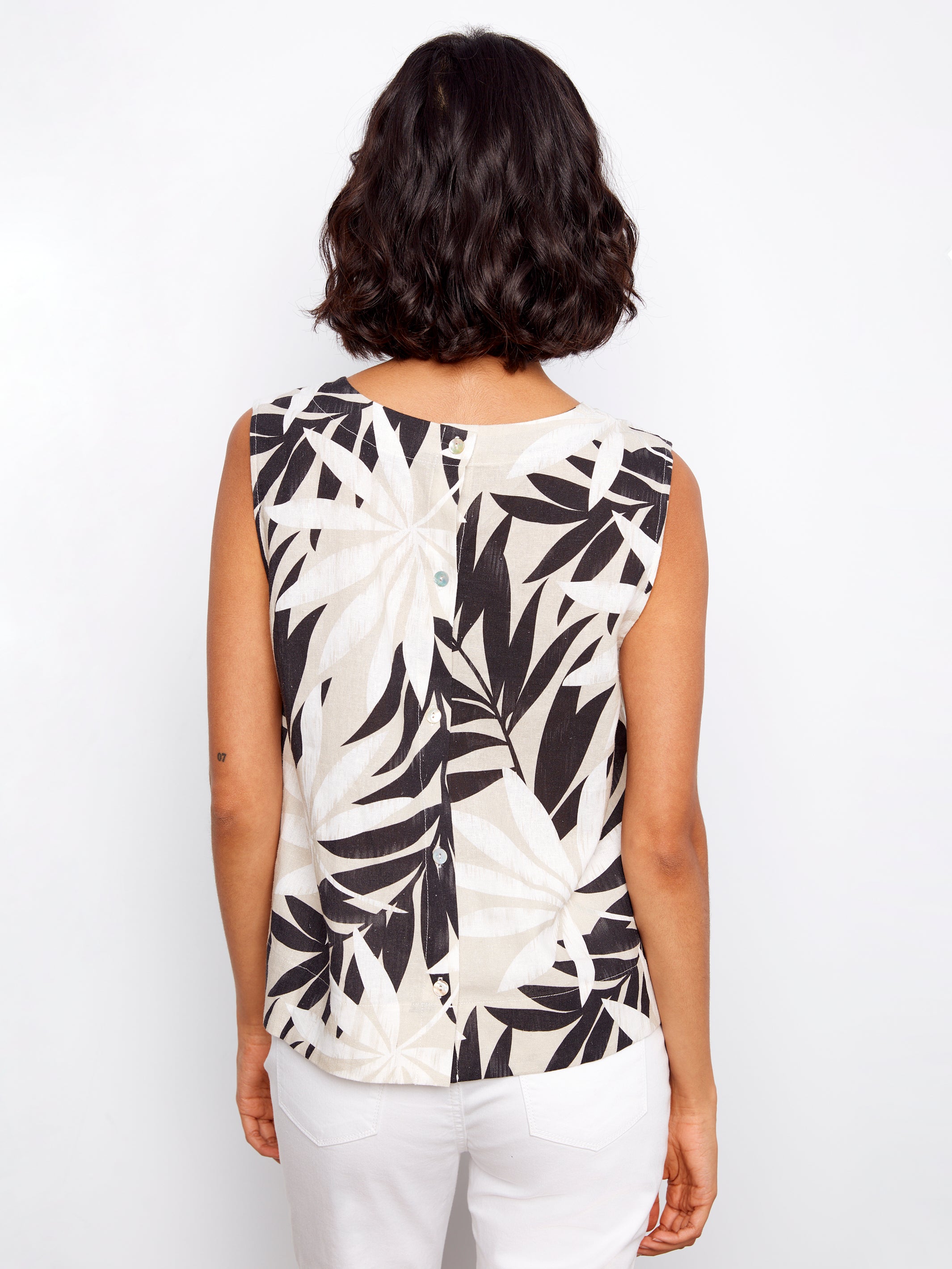Printed Linen Blend Blouse With Back Button Detail - Leaflet