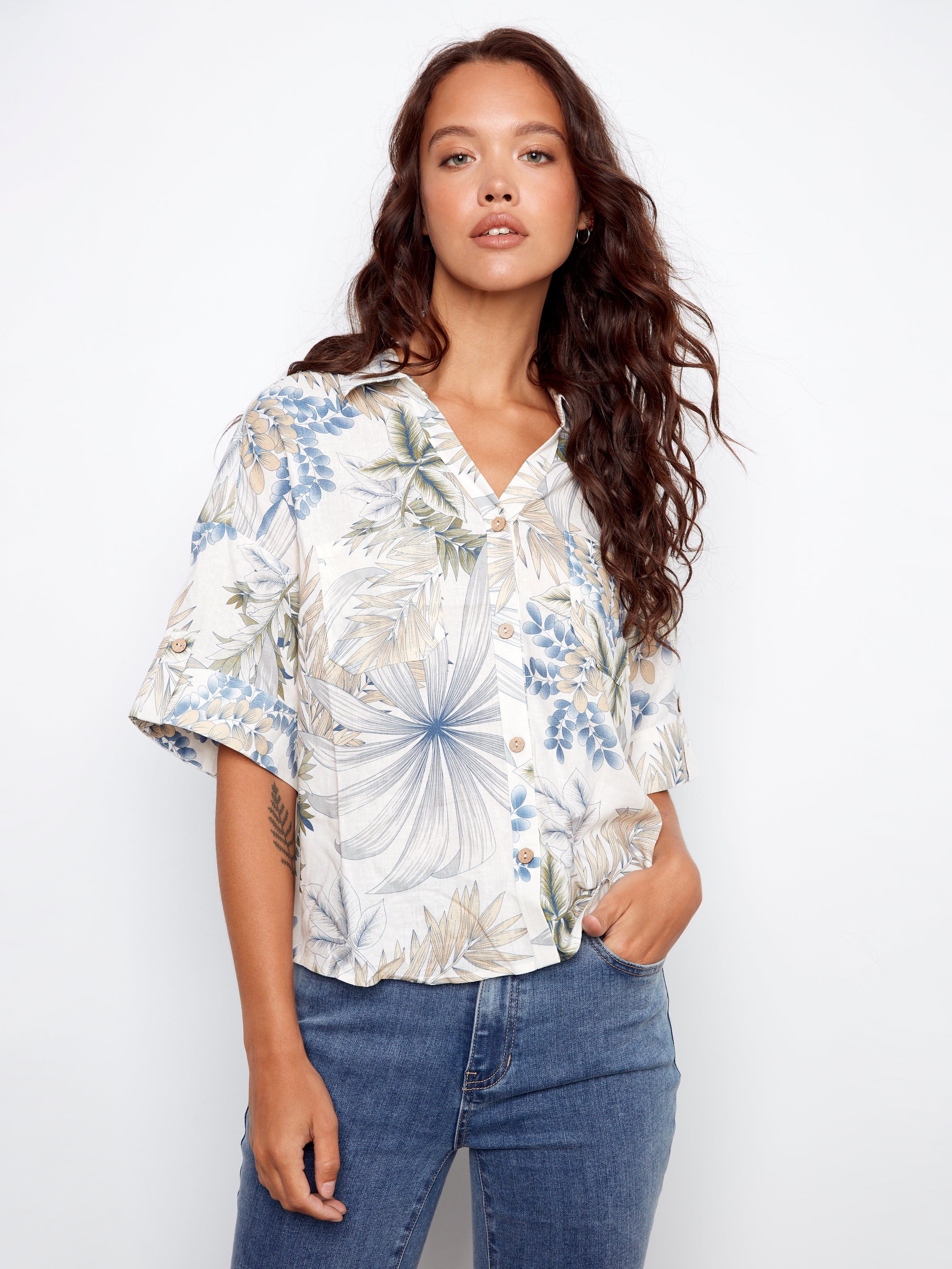 Printed Short Sleeve Button-Front Linen Blend Shirt - Hawaii