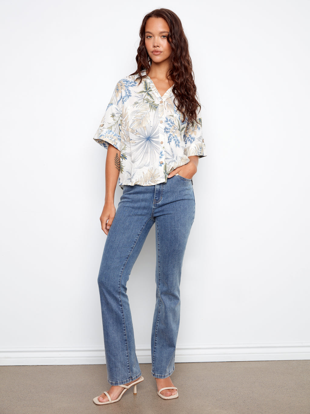 Printed Short Sleeve Button-Front Linen Blend Shirt - Hawaii