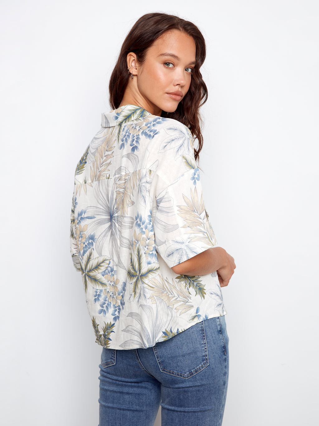 Printed Short Sleeve Button-Front Linen Blend Shirt - Hawaii