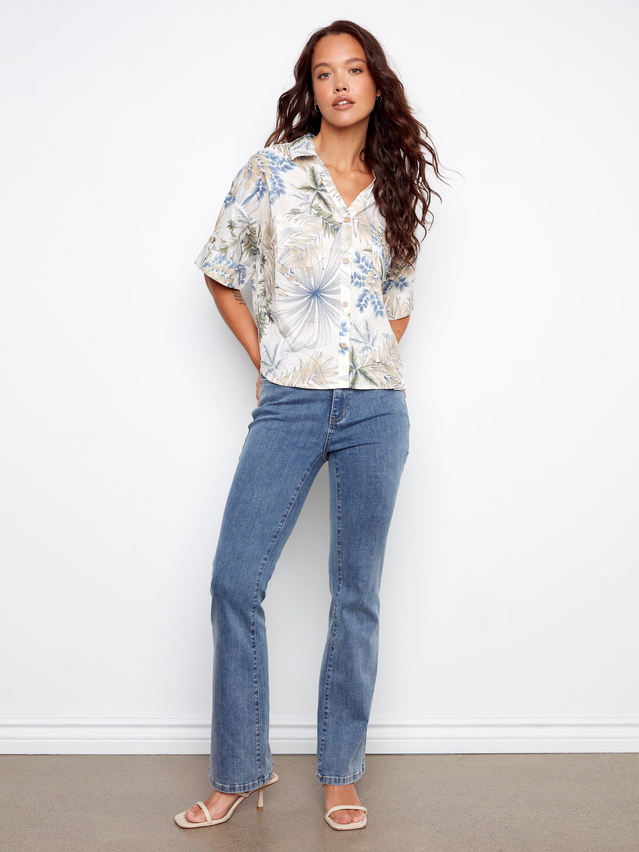 Printed Short Sleeve Button-Front Linen Blend Shirt - Hawaii