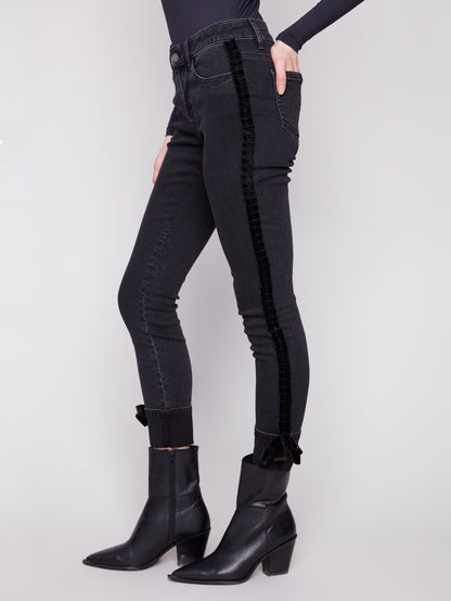 Slim Leg Jeans With Velvet Bow - Charcoal
