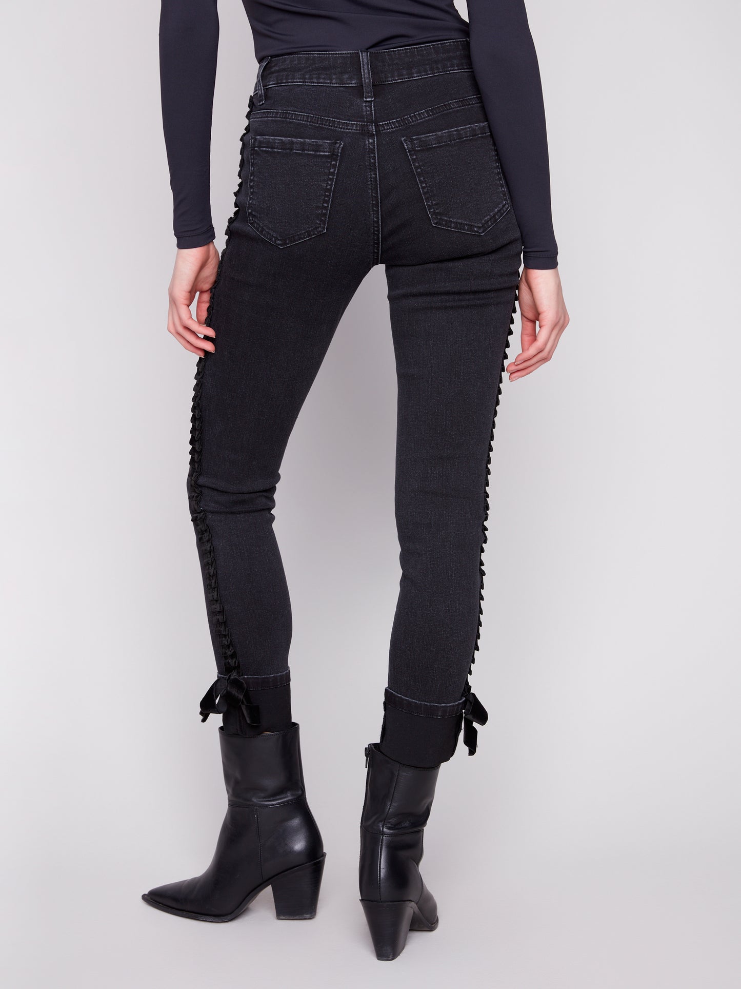 Slim Leg Jeans With Velvet Bow - Charcoal