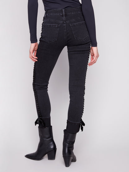 Slim Leg Jeans With Velvet Bow - Charcoal