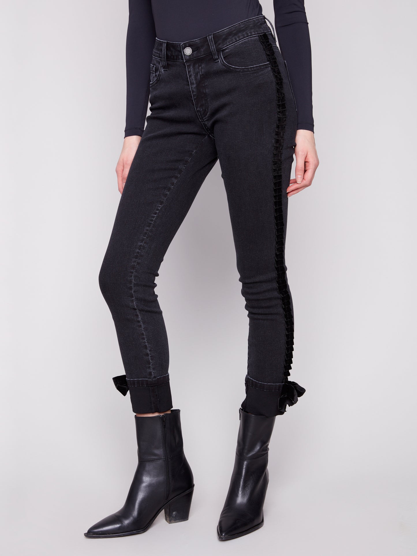 Slim Leg Jeans With Velvet Bow - Charcoal