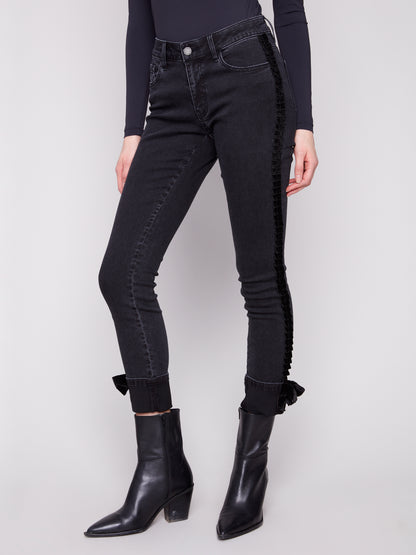 Slim Leg Jeans With Velvet Bow - Charcoal